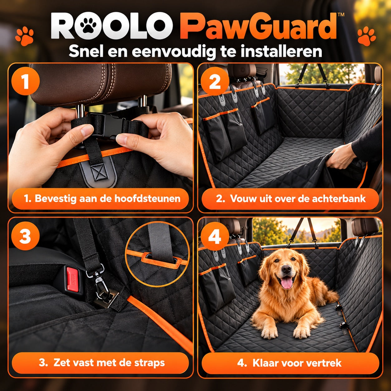 PawGuard bevestigen aan hoofdsteunen, uitvouwen en vastzetten